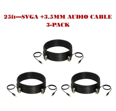 3-Pack - 25FT SVGA M/M + 3.5mm Aux Audio Cable Jack for Monitor PC Projector TV