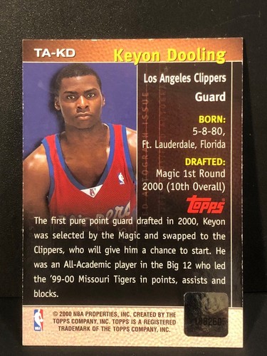 KEYON DOOLING 2000-01 Topps Basketball AUTOGRAPH Issue #TA-KD On Card AUTO Rare! - Picture 2 of 2