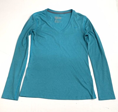 Nike Womens Dri Fit Regular Fit LS V Neck Aqua Blue Athletic T-Shirt XSmall 