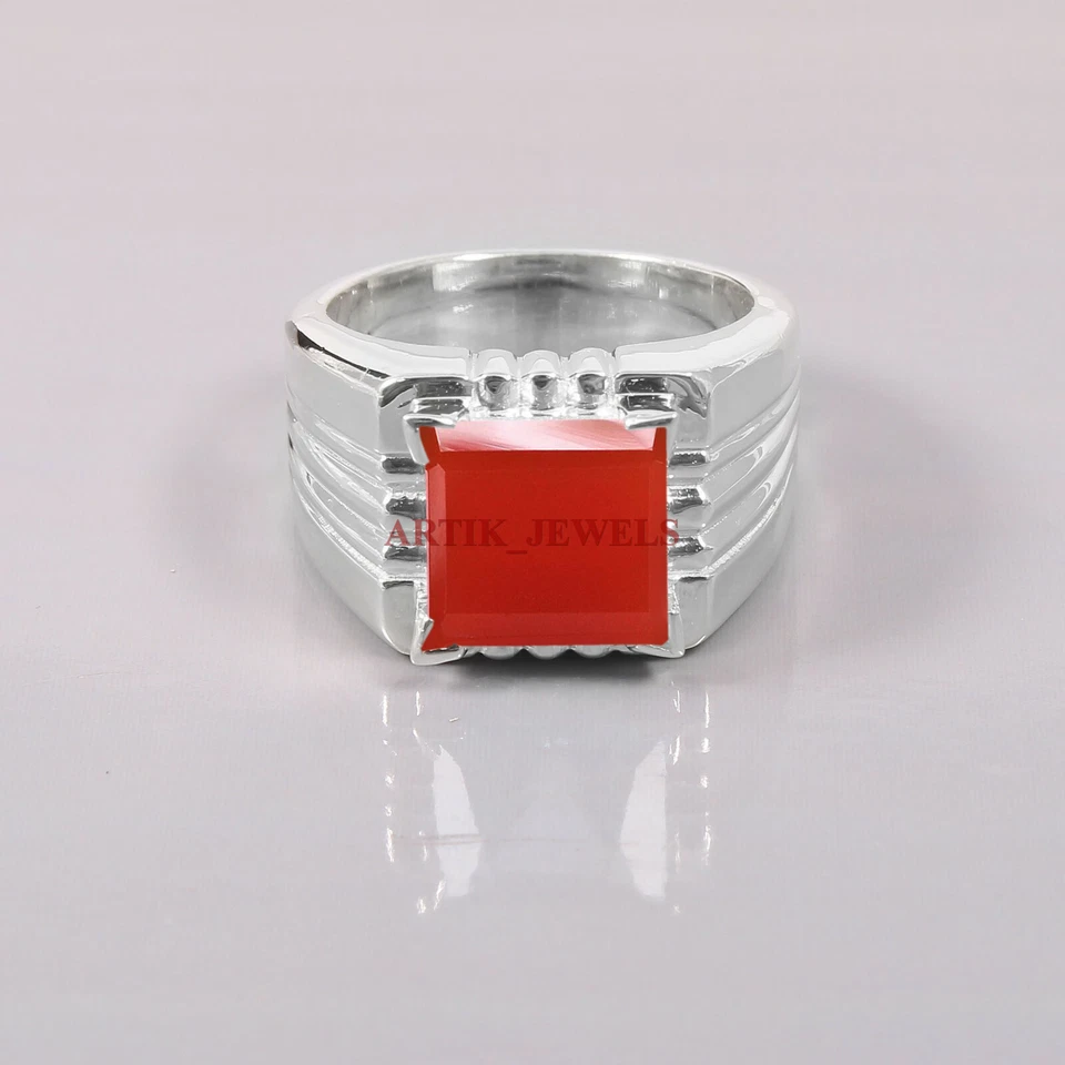 Naturel Rouge Onyx Pierre Précieuse Avec 925 Bague en Argent pour Homme #5699 - Photo 2/4
