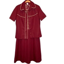 VTG Womens 2 PC Dress with Jacket Striped Bodice Solid A-Line Skirt Burgundy Tan