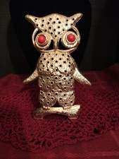 Vintage Metal Owl Earring Display Stand with Red Cabochon Eyes So Cute 1970's