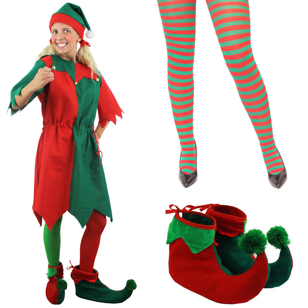 LADIES ELF COSTUME SANTAS HELPER ADULT STRIPED TIGHTS XMAS CHRISTMAS