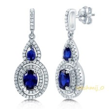 14K White Gold Finish 2.55CT Oval Cut Blue Sapphire Drop Jewelry Earrings Gift