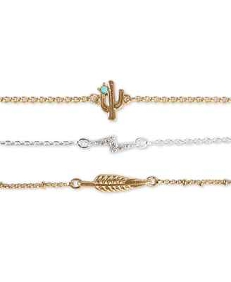 Lucky Brand Two Tone 3Pc Set Stone Cactus Pavé Lightning Bolt Leaf Link Bracelet