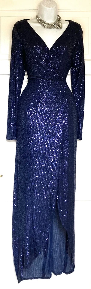 QUIZ VESTIDO MAXI LENTEJUELAS BRILLANTES AZUL MARINO NOCHE BODA OCASIÓN FIESTA TALLA 12 Foto 4 de 4