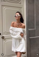 ZARA WOMAN NEW SS25 SHORT OFF-SHOULDER ZW FLOUNCED DRESS OYSTER WHITE 3312/216