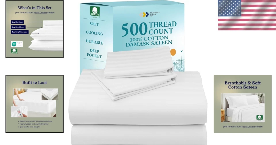 Juego de cama de satén a rayas blancas 500 TC Foto 2 de 4