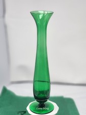Tall Green Translucent Glass Bud Vase w/ Flared Top - Solid Decorative
