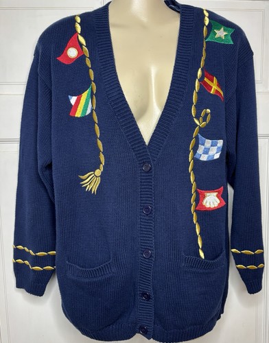 Vintage Charter Club By Jane Justin Navy Cardigan Size Medium Nautical Flags