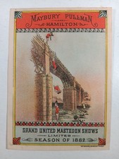 1. 1882 CIRCUS TRADE CARD Maybury Pullman by Courier LItho Buffalo, BRIDGE JUMP