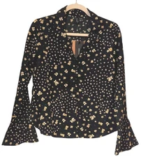 VERO MODA Black Floral Print Bell Sleeve V Neck Wrap Blouse Shirt