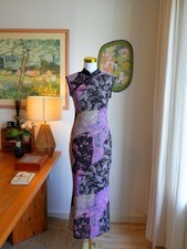 Oriental Floral Midi Dress Women Bodycon High Neck Cheongsam Style Evening Party