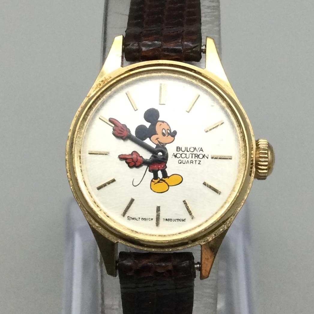 Vintage Bulova Womens Watch 21mm Mickey Mouse Dial Brown Leather
