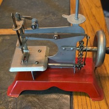 Vintage 1950 Miniature Metal Hand Crank Toy Sewing Machine, Red Base