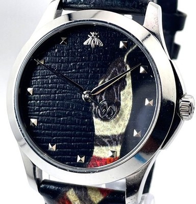 GUCCI G-Timeless Kingsnake Bee 38mm Black Dial Leather Band Watch 126.4 Japan