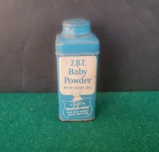 1940s Z.B.T. Baby Powder Dispenser Tin Sample Size, Blue & White, Empty 3-3/4"