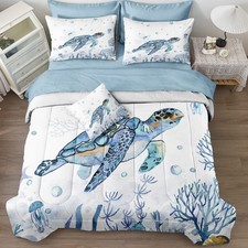 Ocean Themed Bedding Sets 6 Pieces Twin Bed in A Bag Teal Blue Turtle Sea Hor...