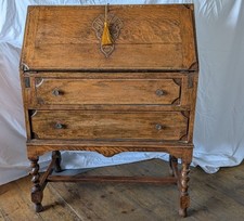 Vintage Solid Wood Bureau Writing Desk With Key