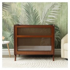 HALO Brown Wood Baby Mini Crib with Breathable Mesh Walls