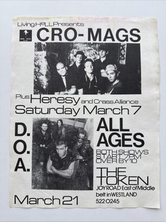 CRO MAGS / D.O.A. / Heresy 8x11 Token Detroit 80s Hardcore Punk Flyer
