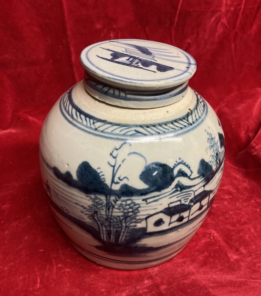 C 1900s Chinese Blue & White Ginger Jar w/ Original Lid Landscape Qing–Republic