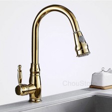 Gold Brass Kitchen Faucet Pull Down Sprayer Single Handle High Arc Swivel Mixers