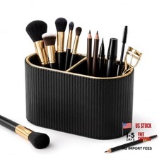 Makeup Brush Holder Organizer with 2 Slots, PU Leather Small Vanity Black