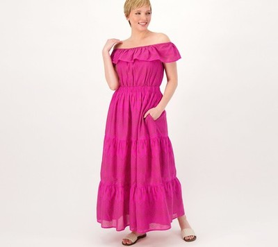 Destination 365 Petite Printed Off the Shoulder Dress Hot Fuchsia L New