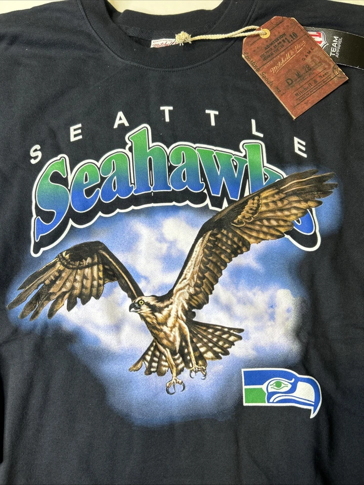 Seattle Seahawks Mitchell & Ness Retro Crewneck Sweatshirt Black NWT Mens MED E3 - Image 2 of 4