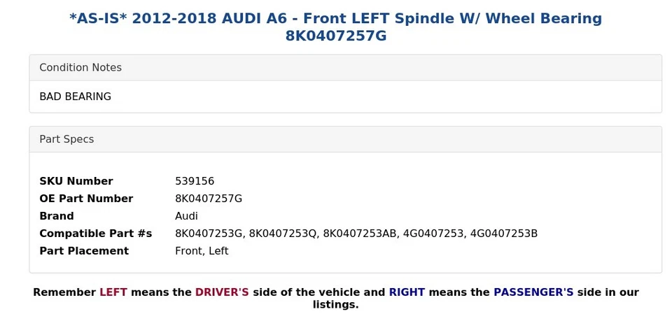 *TAL CUAL* AUDI A6 2012-2018 - Husillo delantero izquierdo con cojinete de rueda 8K0407257G Foto 4 de 4