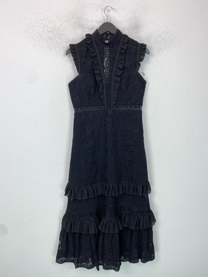 Three Floor Black Lace Midi Fit & Flare Sleeveless Zip Ruffle UK 12