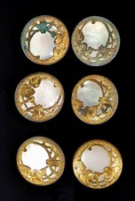 E M PARIS Mother of Pearl Gilt Filigree Brass Button Set of 6 Art Nouveau 1"