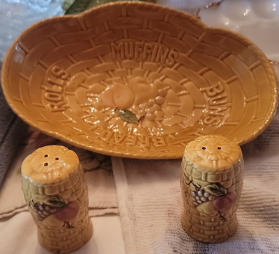 Vintage Ceramic Hand Painted Yellow Fruit Bread Plate & Salt Pepper Shakers