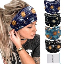 Women Headbands Stars Moon Wide Knotted NonSlip Elastic Turban Hair Wrap 4 PCS