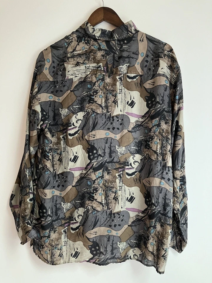 Camisa Vintage M Estampada 100% Seda - Abstracta, Posmoderna, Patrón Años 90 Foto 3 de 4
