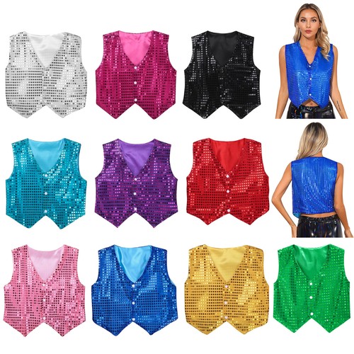 Womens Crop Tops Sequins Waistcoat Button Up Pointed Hem Tank Vest Carnival - Picture 1 of 111