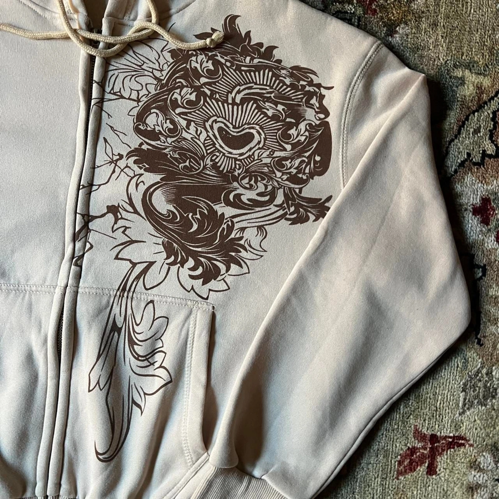 OFF WHITE Felpa con cappuccio zip intera vintage Y2K senza marchio donna panna e marrone cuore floreale taglia M