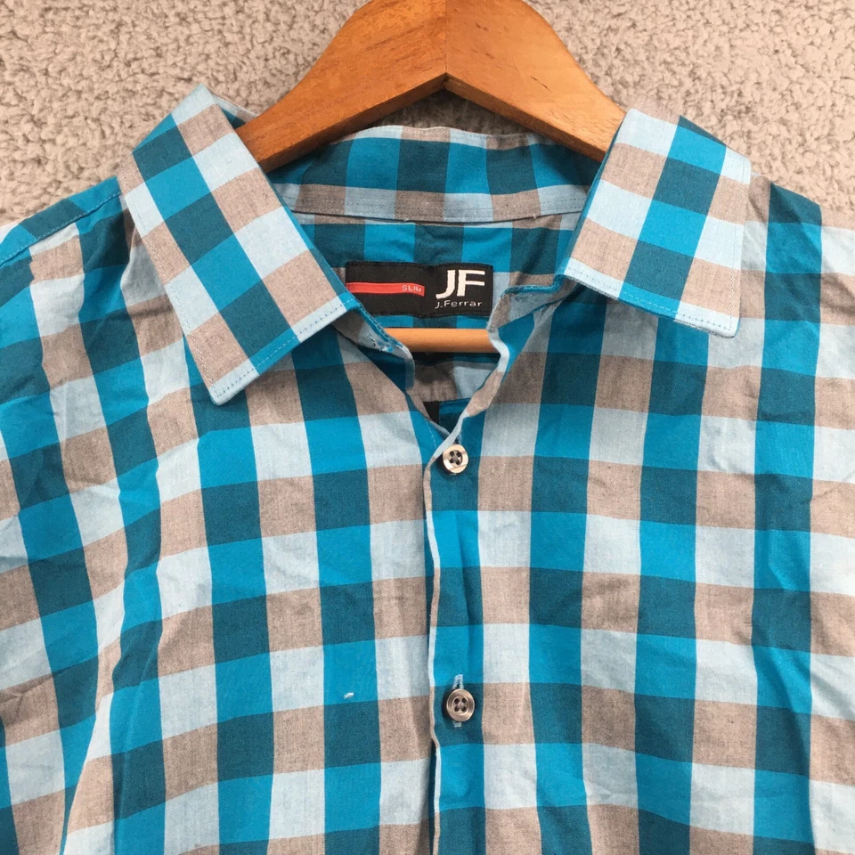 JF J.Ferrar Button Up Long Sleeve Shirt Mens XXL Blue Plaid Cotton Collared - Image 4 of 4