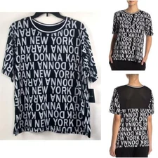 DKNY Womens Printed Mesh Back T-Shirt Pajama Top Black Print Choose Size New