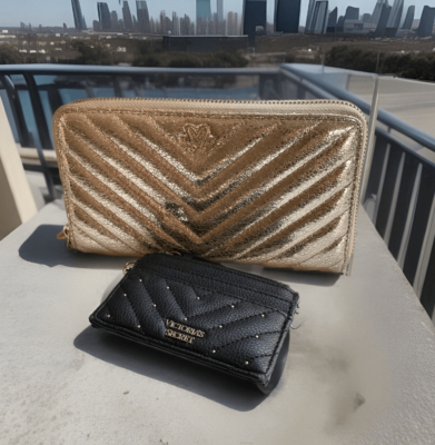 ピリ Victorias Secret Black Studded Card Case & Slim Zip Wallet Gold