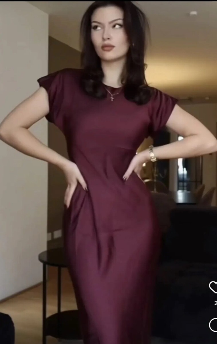 Robe Midi ZARA Effet Satin Bourgogne - Taille XS - Manches Ballon - Neuf Avec étiquettes