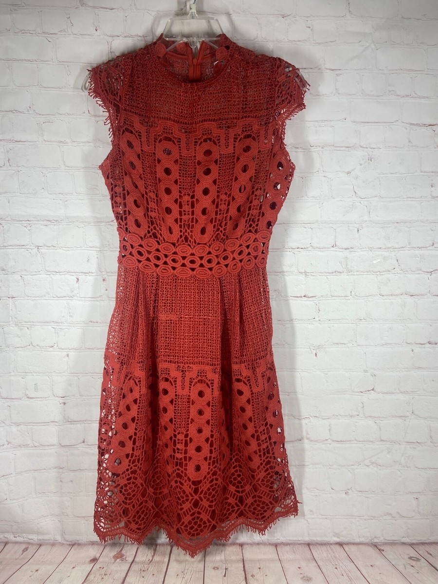 ULTRA PINK Rust Orange Lace High Neck Quarter Sleeve A-Line Dress- Women's  4 | eBay