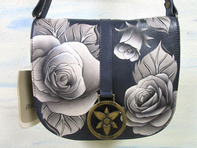 Leather Saddle Crossbody Anuschka Romantic Roses Navy Small Hand Painted NWT