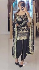 Indian Style Natural Crep Silk Black Top Dhoti And Dupatta For Reception  Party