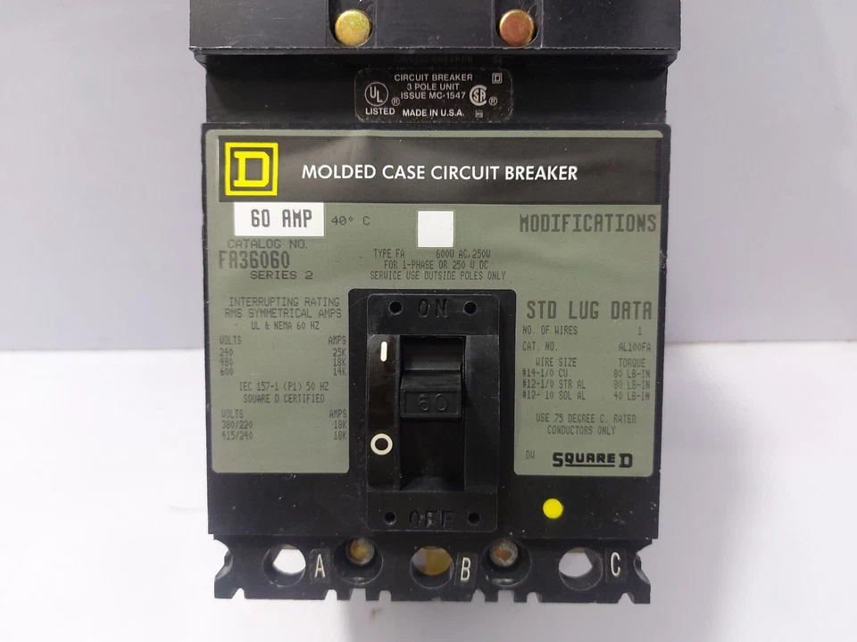 Disjoncteur À Boîtier Moulé Square D FA36060 60A 3 Pôles 600V 50/60HZ, 250VDC - Photo 4/4