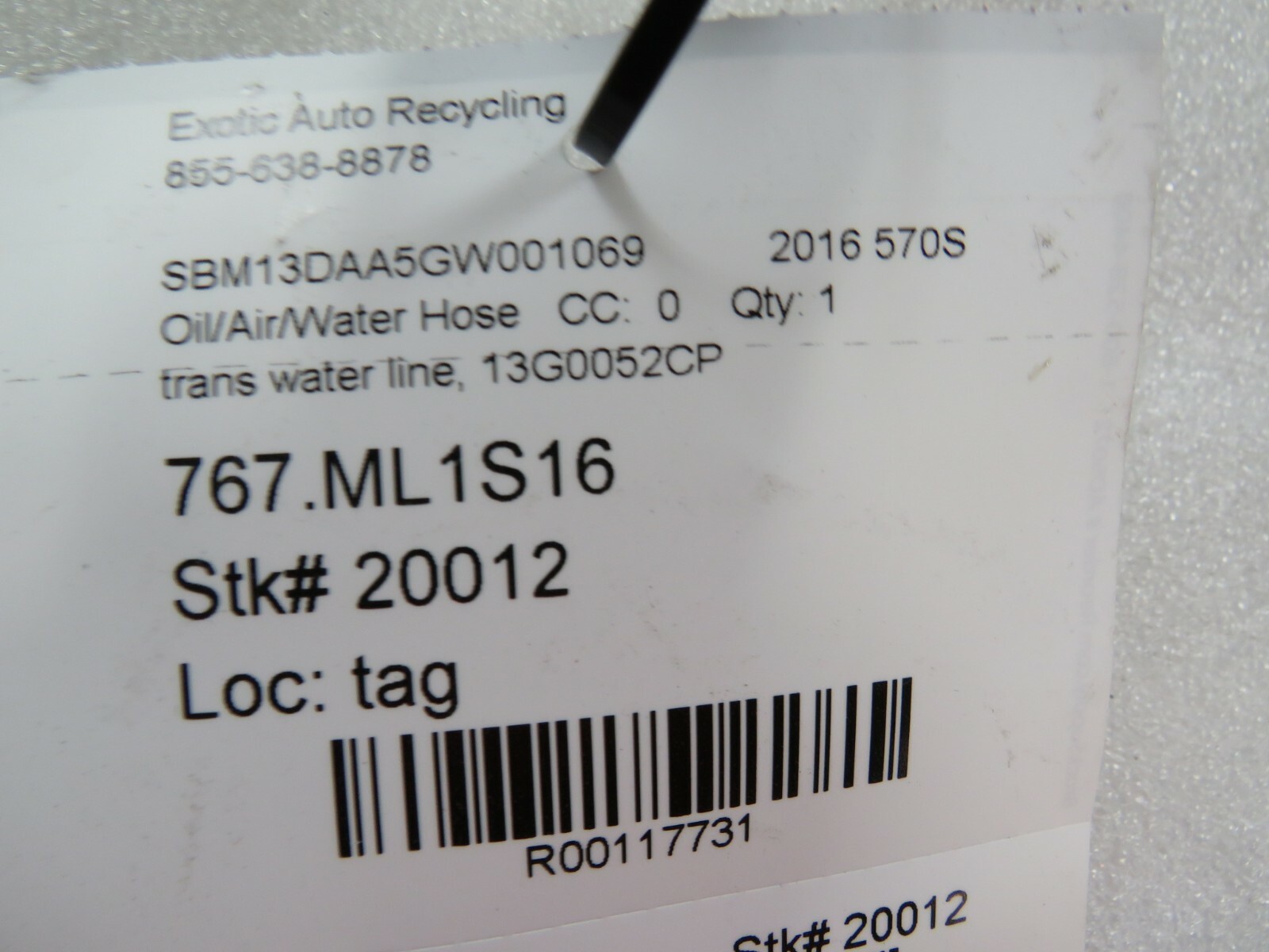 McLaren 570S, Transmission Water Line, Used, P/N 13G0052CP
