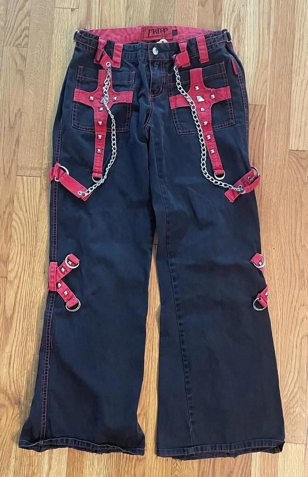 Tripp NYC Daang Goodman Bondage Gothic Cargo Pants Size 7 Wide Leg Chains