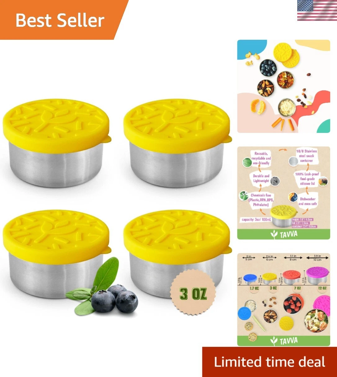 Oven Safe Stainless Steel Snack Containers - 4 Pack Leakproof & Easy to Clean