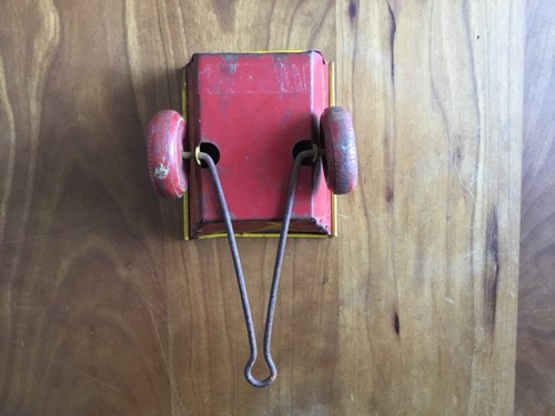 Vintage Antique Pressed Steel Two Wheel Wagon Red & Yellow Unbranded 4”x3” Bed - Picture 6 of 6
